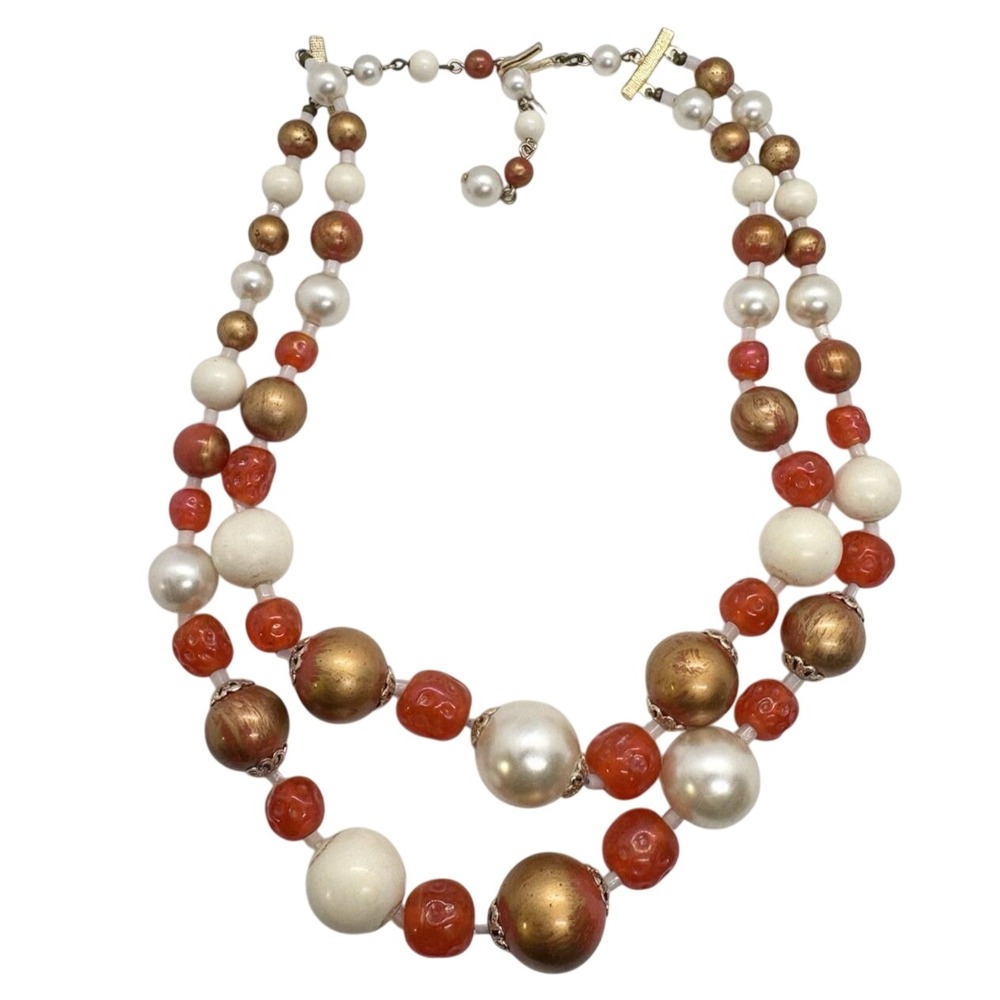 Vintage Orange & White Plastic Bead 2 Strand 15'' - 18'' Necklace Japan Retro